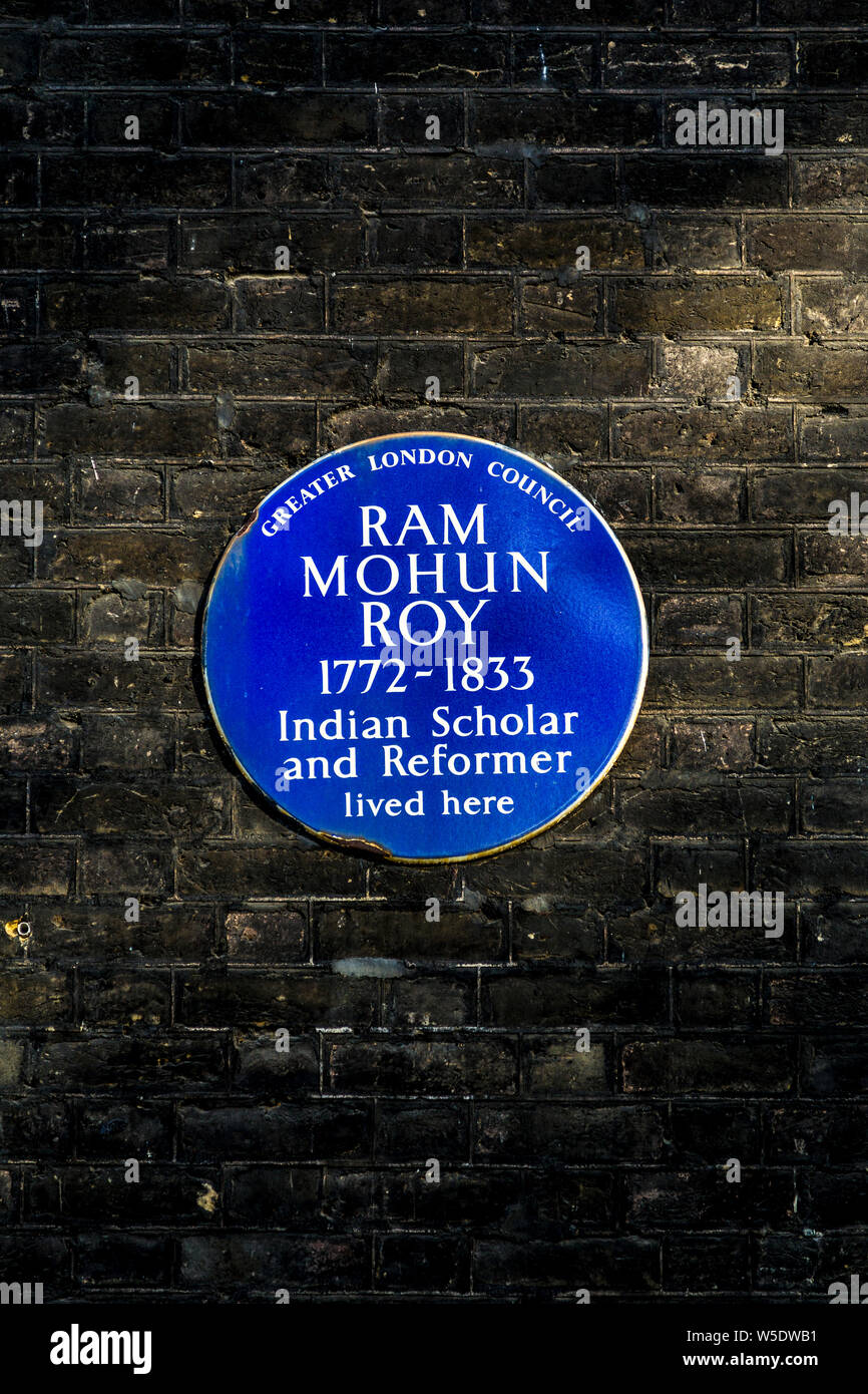 Blue plaque for Ram Mohun Roy Indian scholar and reformer, London, UK Stock Photo
