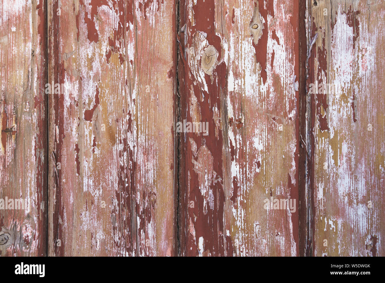 Weathered wooden planks with exfoliated reddish brown paint and wood grain shining through, shabby look (close-up, landscape horizontal format) Stock Photo
