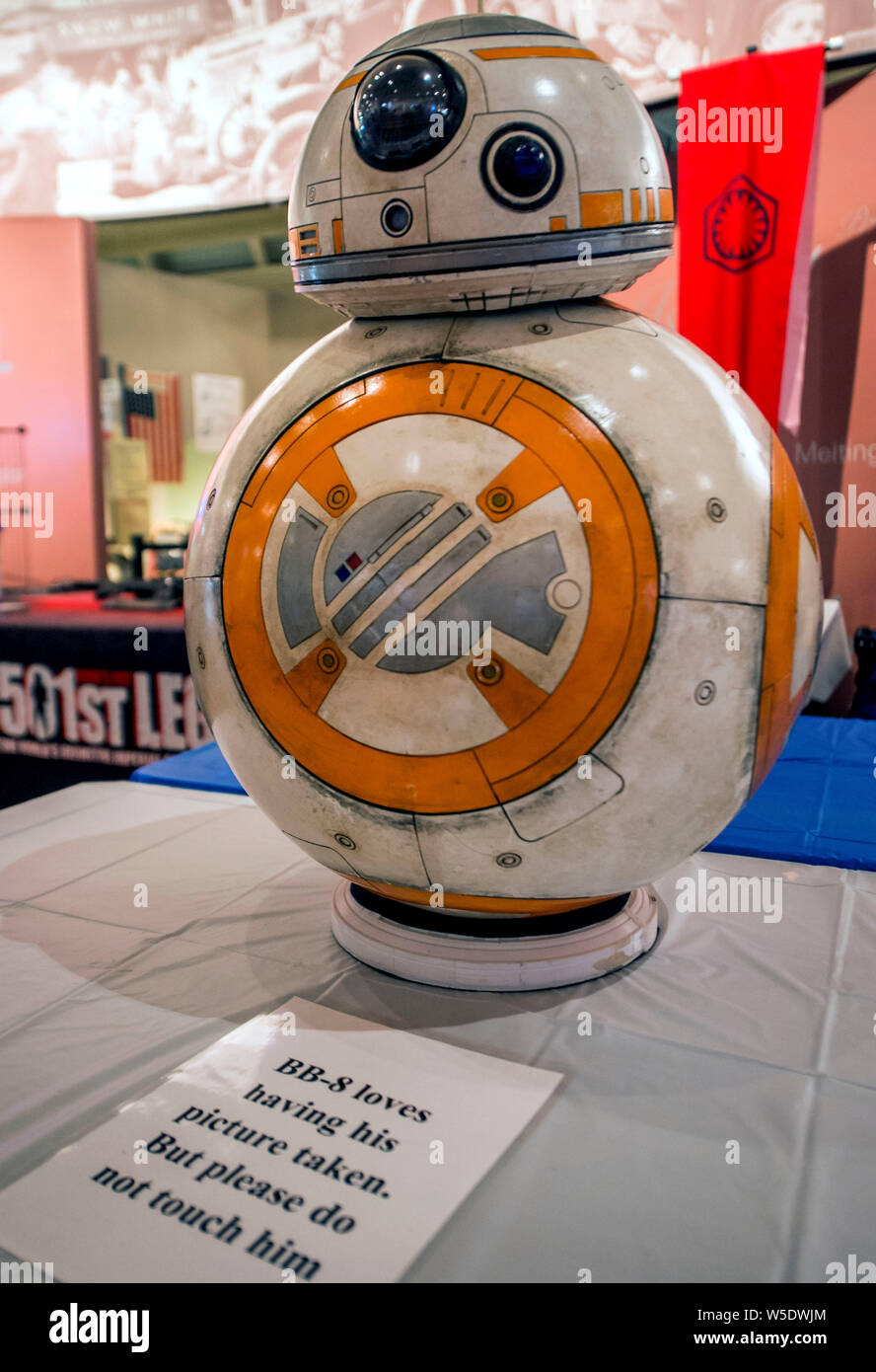 Dearborn, Michigan, USA. 28th July, 2019. Robot BB-8 has his picture taken during the 10th Annual Maker Faire Detroit at the Henry Ford Museum of American Innovation. Maker Faire is a gathering of tech enthusiasts, tinkerers, engineers and science club members who gather to show and share knowledge about what they've made. Credit: Brian Cahn/ZUMA Wire/Alamy Live News Stock Photo