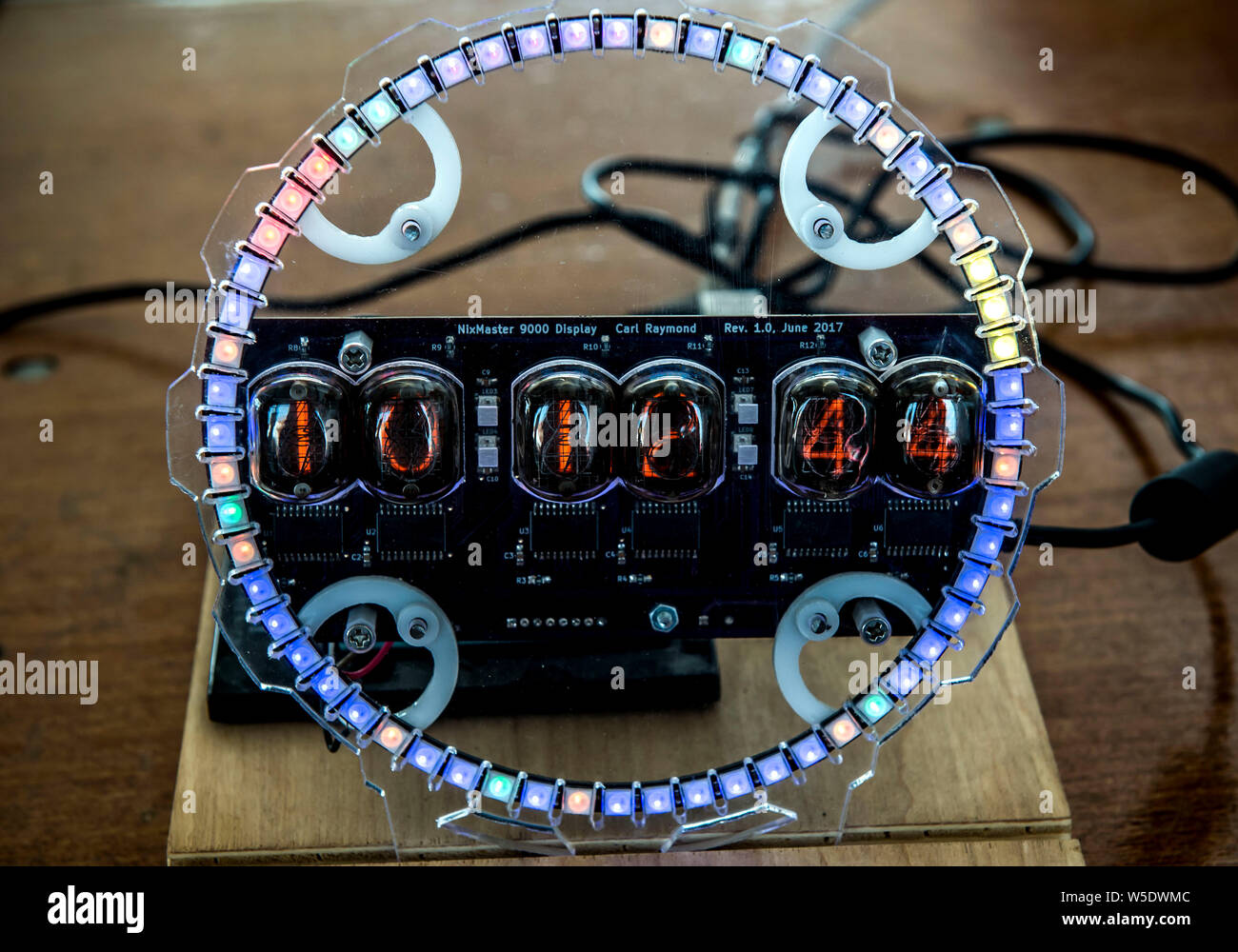 Dearborn, Michigan, USA. 28th July, 2019. An atomic nixie tube clock by Carl Raymond is displayed during the 10th Annual Maker Faire Detroit at the Henry Ford Museum of American Innovation. Maker Faire is a gathering of tech enthusiasts, tinkerers, engineers and science club members who gather to show and share knowledge about what they've made. Credit: Brian Cahn/ZUMA Wire/Alamy Live News Stock Photo