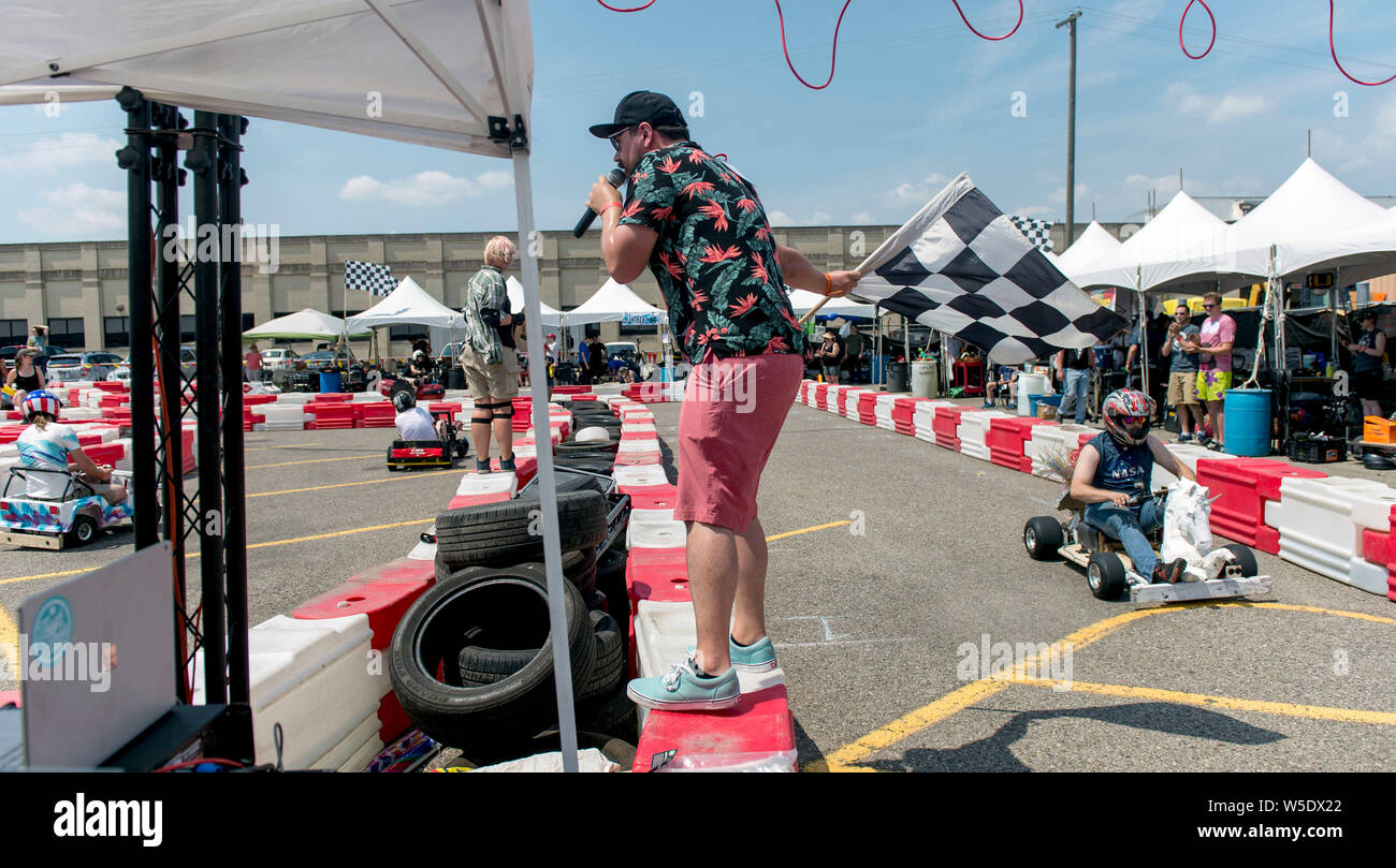 Dearborn, Michigan, USA. 28th July, 2019. Track action in the Power Racing Series during the 10th Annual Maker Faire Detroit at the Henry Ford Museum of American Innovation. Maker Faire is a gathering of tech enthusiasts, tinkerers, engineers and science club members who gather to show and share knowledge about what they've made. Credit: Brian Cahn/ZUMA Wire/Alamy Live News Stock Photo