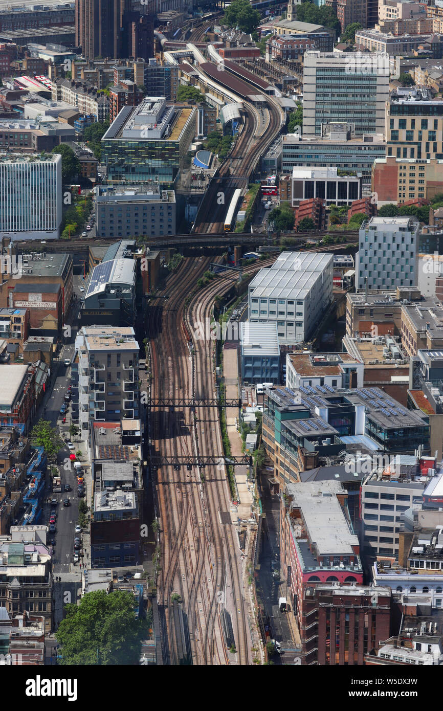 A view west from The Shard looking west along train tracks towards Waterloo East train station. Stock Photo
