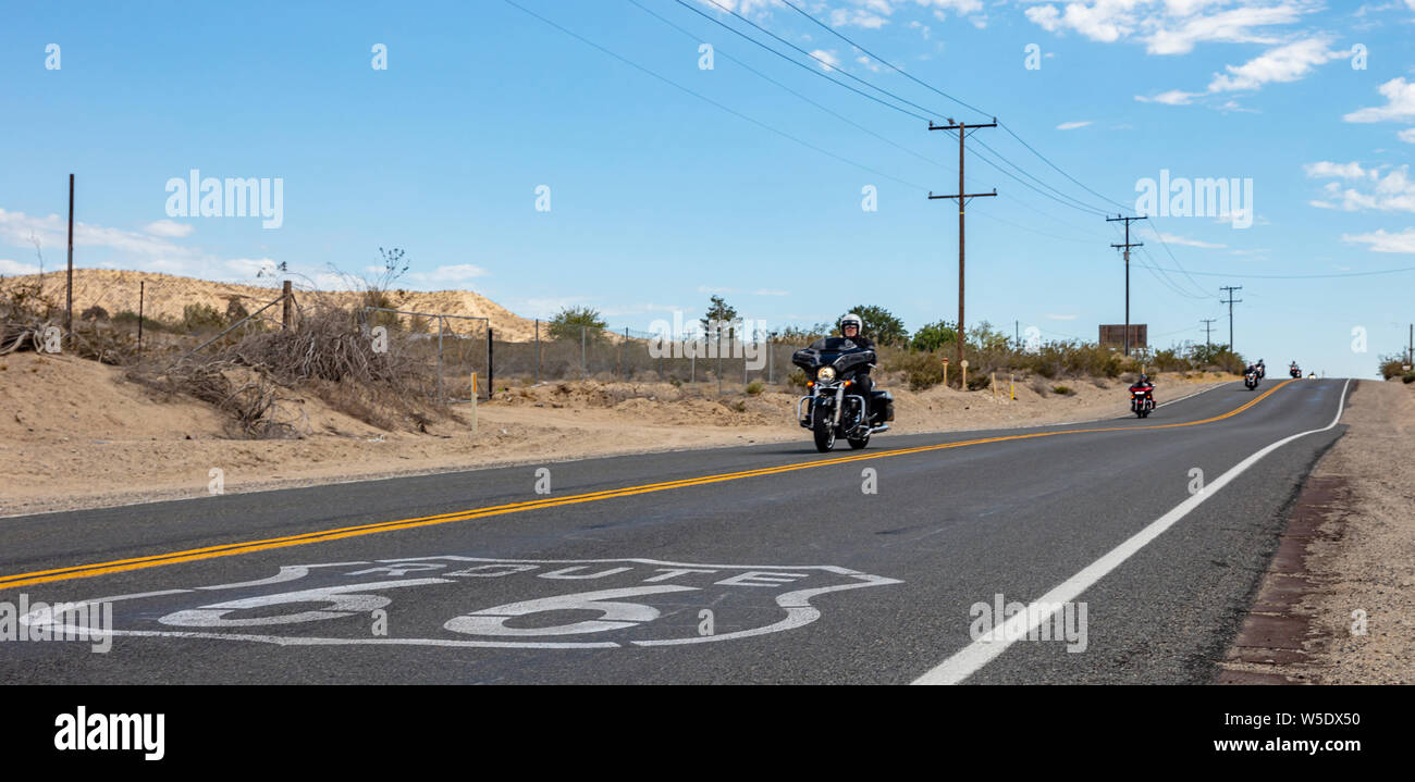 California USA. May 30, 2019. Route 66 and motorcycles. Group of bikers riding motorbikes in a historic route 66  highway, spring sunny day, Stock Photo