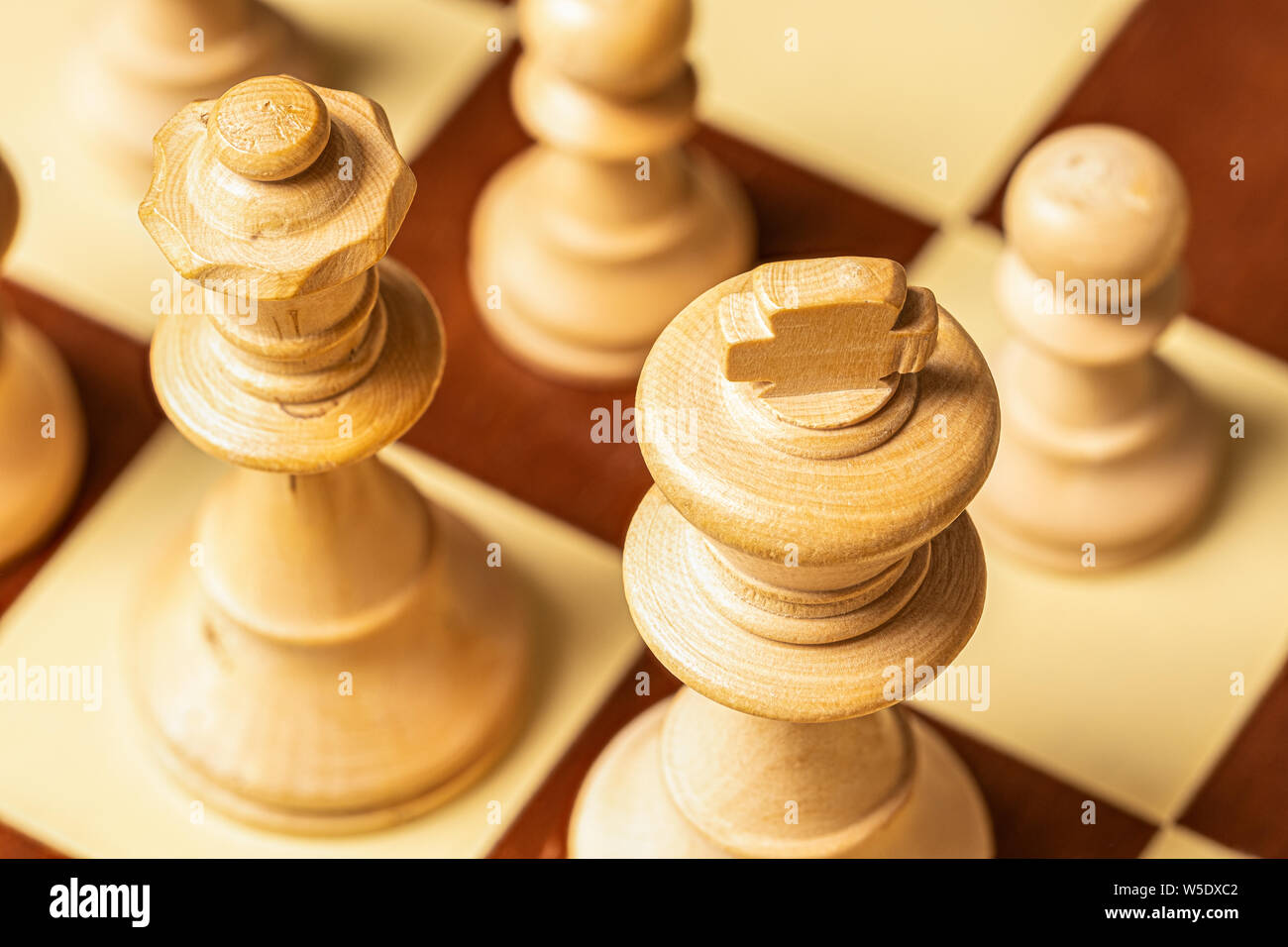Macro shot of chess pieces with top of the white king and queen viewed obliquely from above in focus and the pawns out of focus in the background. Stock Photo