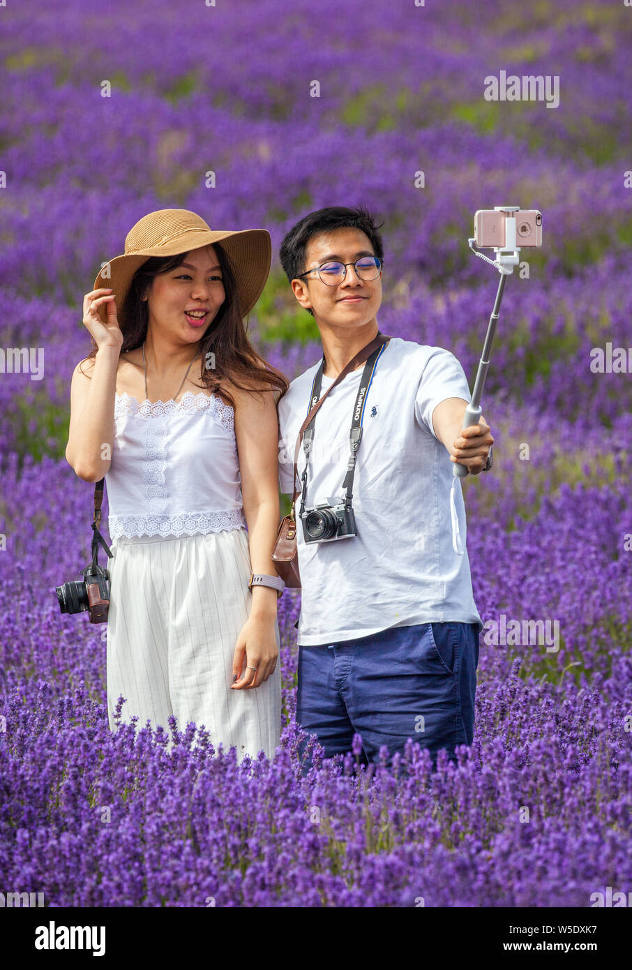 Young man and woman posing for photographs and selfies in the lavender fields at Cotswold lavender near Broadway Worcestershire, England UK Stock Photo