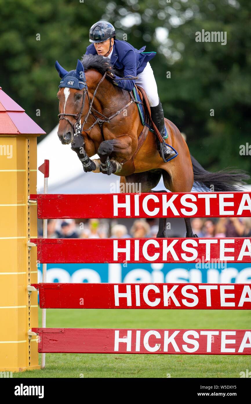 Hickstead, West Sussex, UK. 28th July 2019.  2nd place Peder Fredricson (SWE) riding Zacremento. The Longines BHS King George V Gold Cup at the Royal International Horse Show. Credit: Sport In Pictures/Alamy Live News Stock Photo