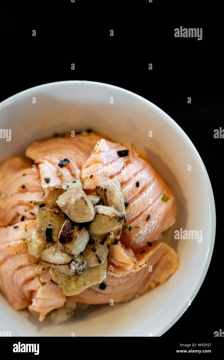 Salmon Donburi with Foie Gras Japanese Groumet cuisine Stock Photo Alamy