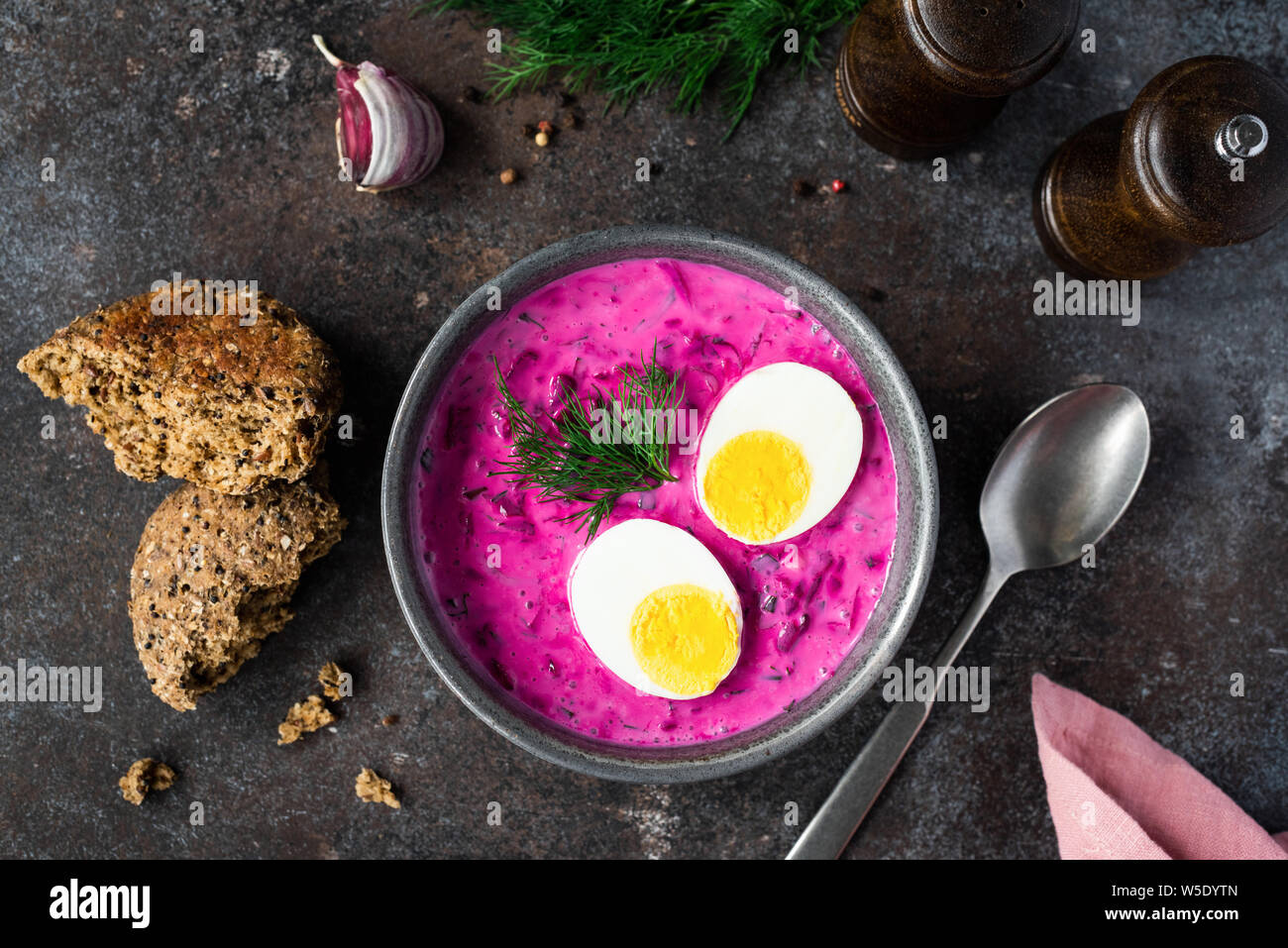 Cold Beetroot Soup With Boiled Egg In A Bowl On Dark Background. Table