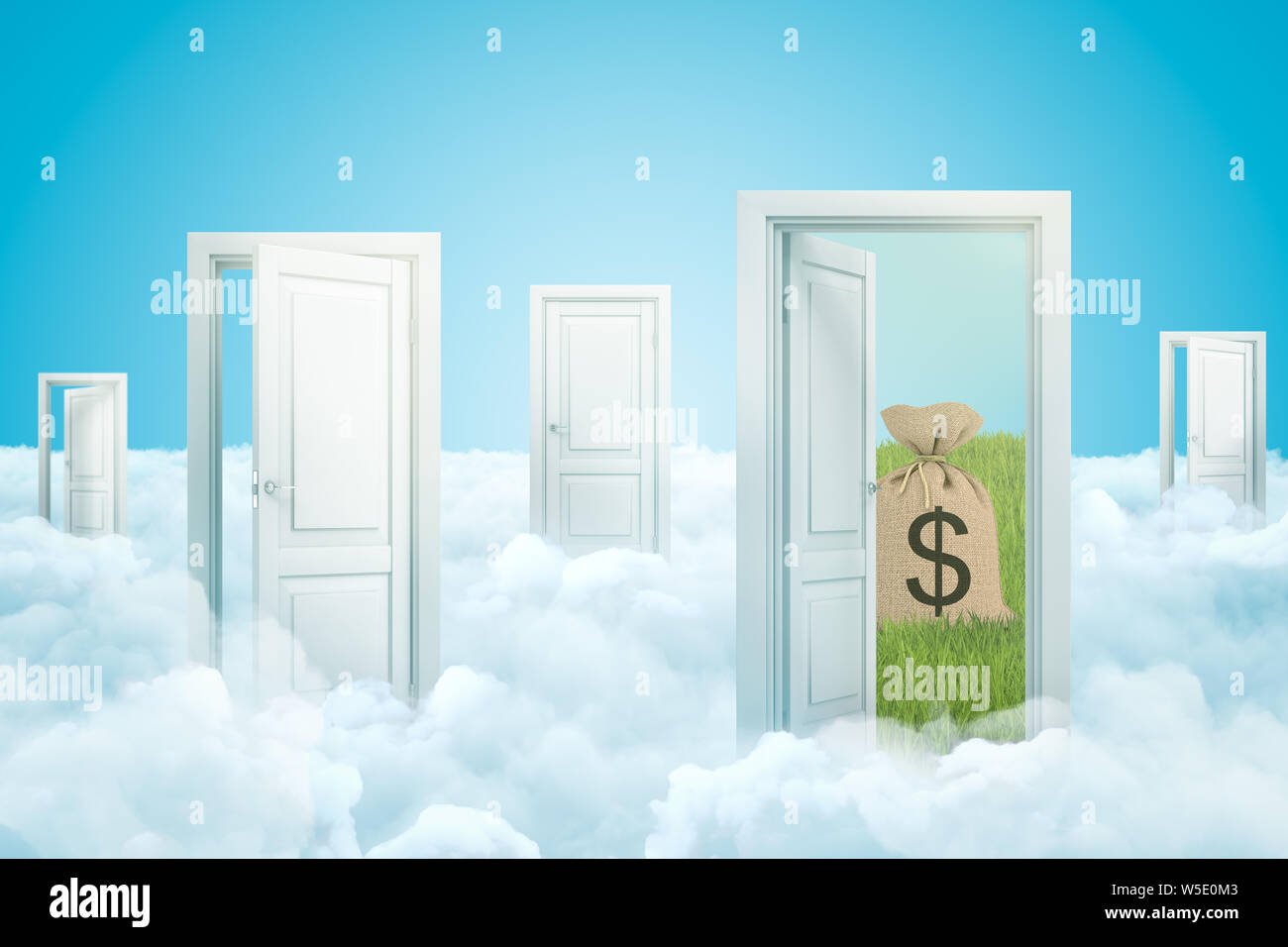 3d rendering of five doors standing on fluffy clouds, one door leading to green lawn with canvas money sack on it. Stock Photo