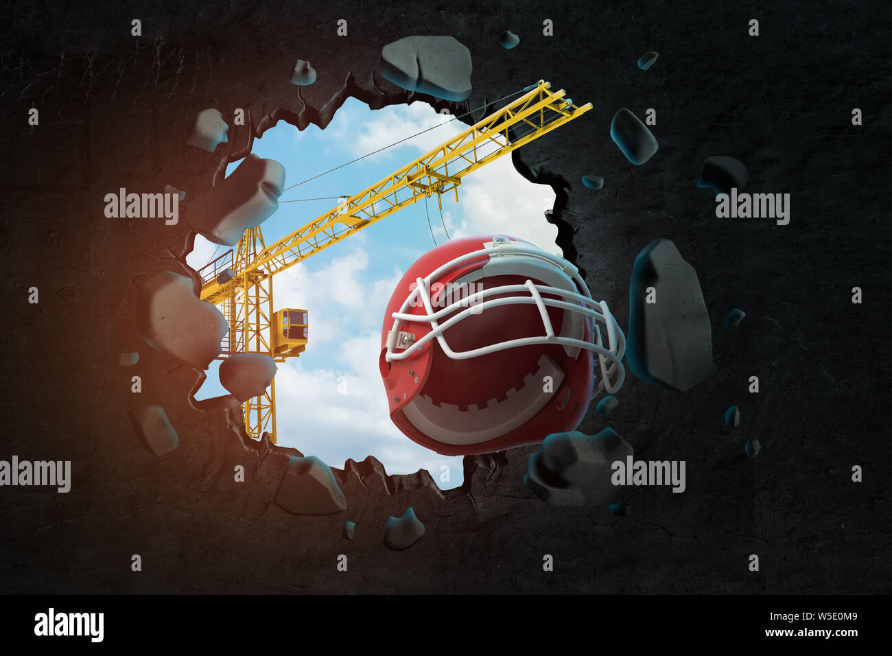 3d rendering of hoisting crane carrying helmet for American football and breaking hole in black wall with blue sky seen through. Stock Photo