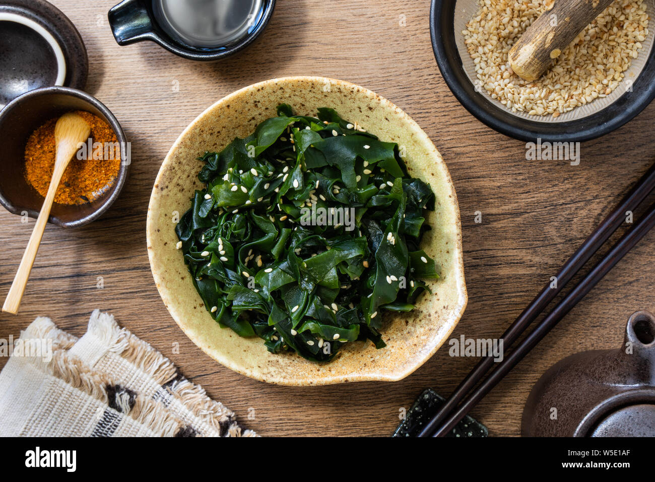 Wakame seaweed salad, a healthy Japanese dish. Stock Photo