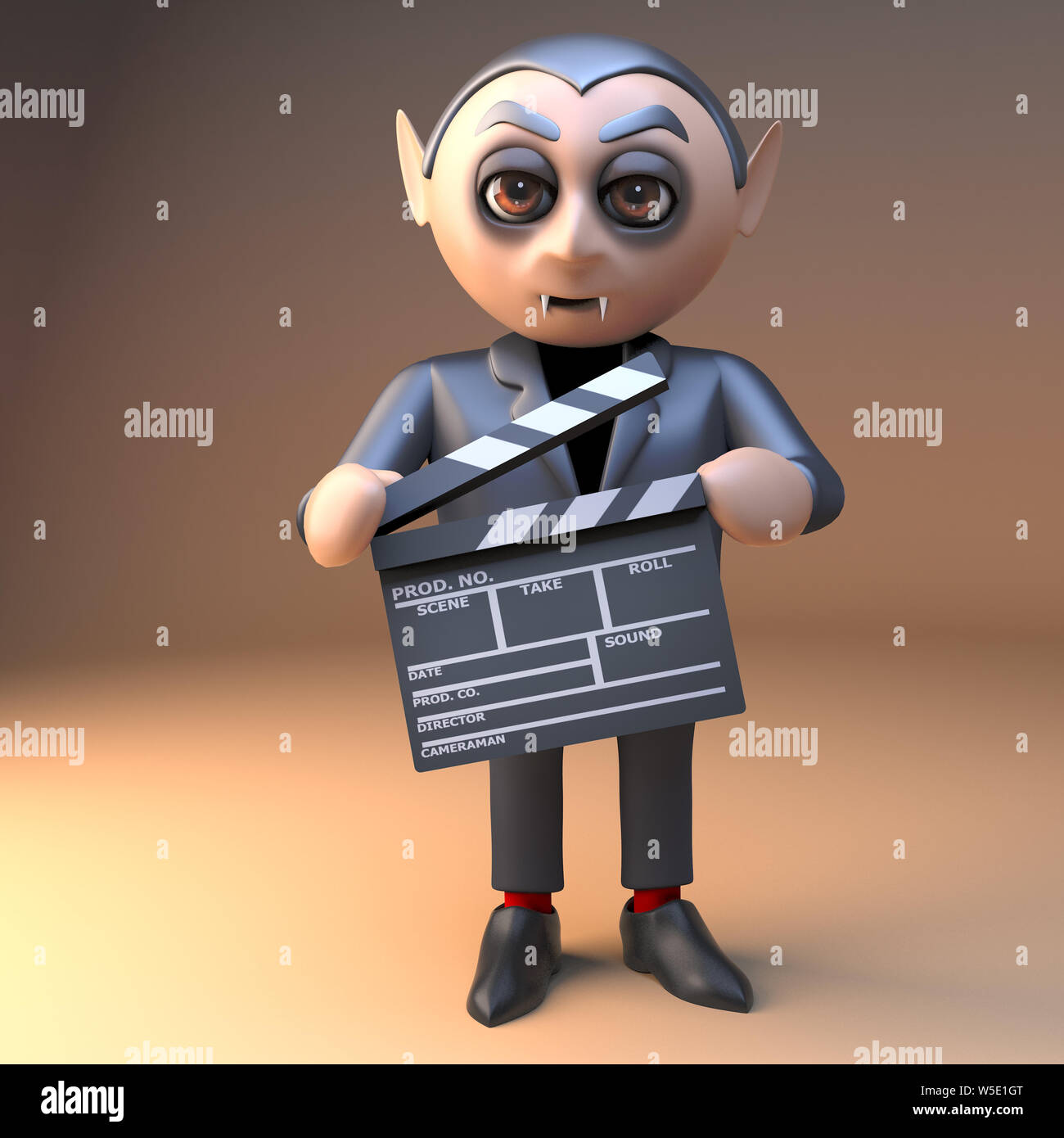 Funny cartoon vampire dracula character in 3d holding a movie makers film  slate,3d illustration render Stock Photo - Alamy