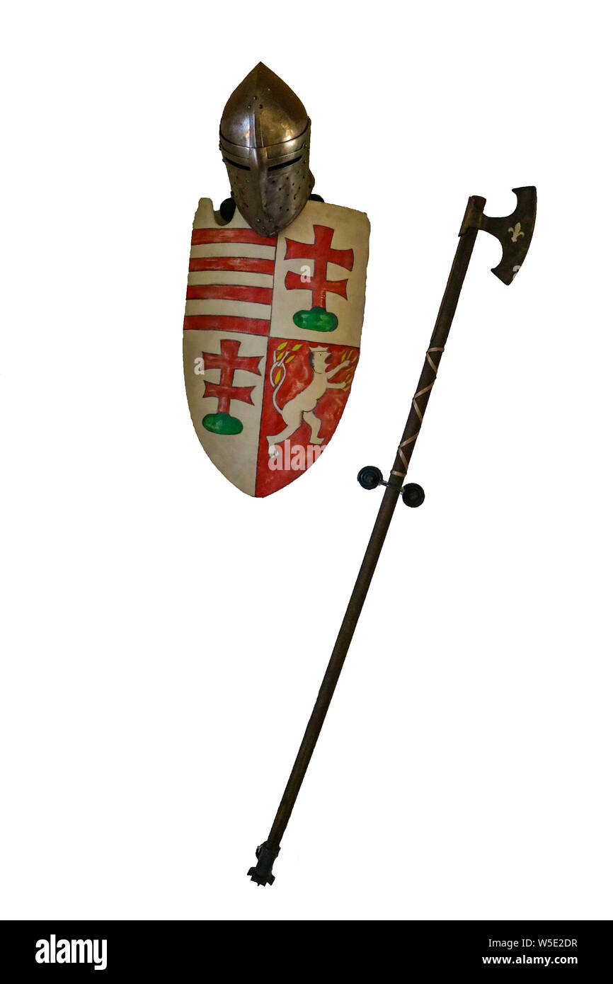 Miskolc, Hungary, May 20, 2019: Metal helmet, shield battle ax on a white background isolate Stock Photo