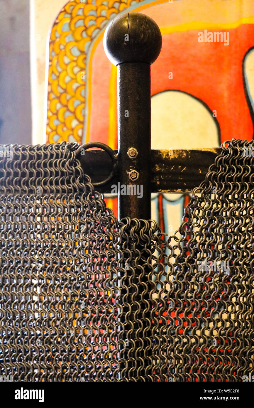 Miskolc, Hungary, May 20, 2019: An old sword with a chainmail for a knight Stock Photo