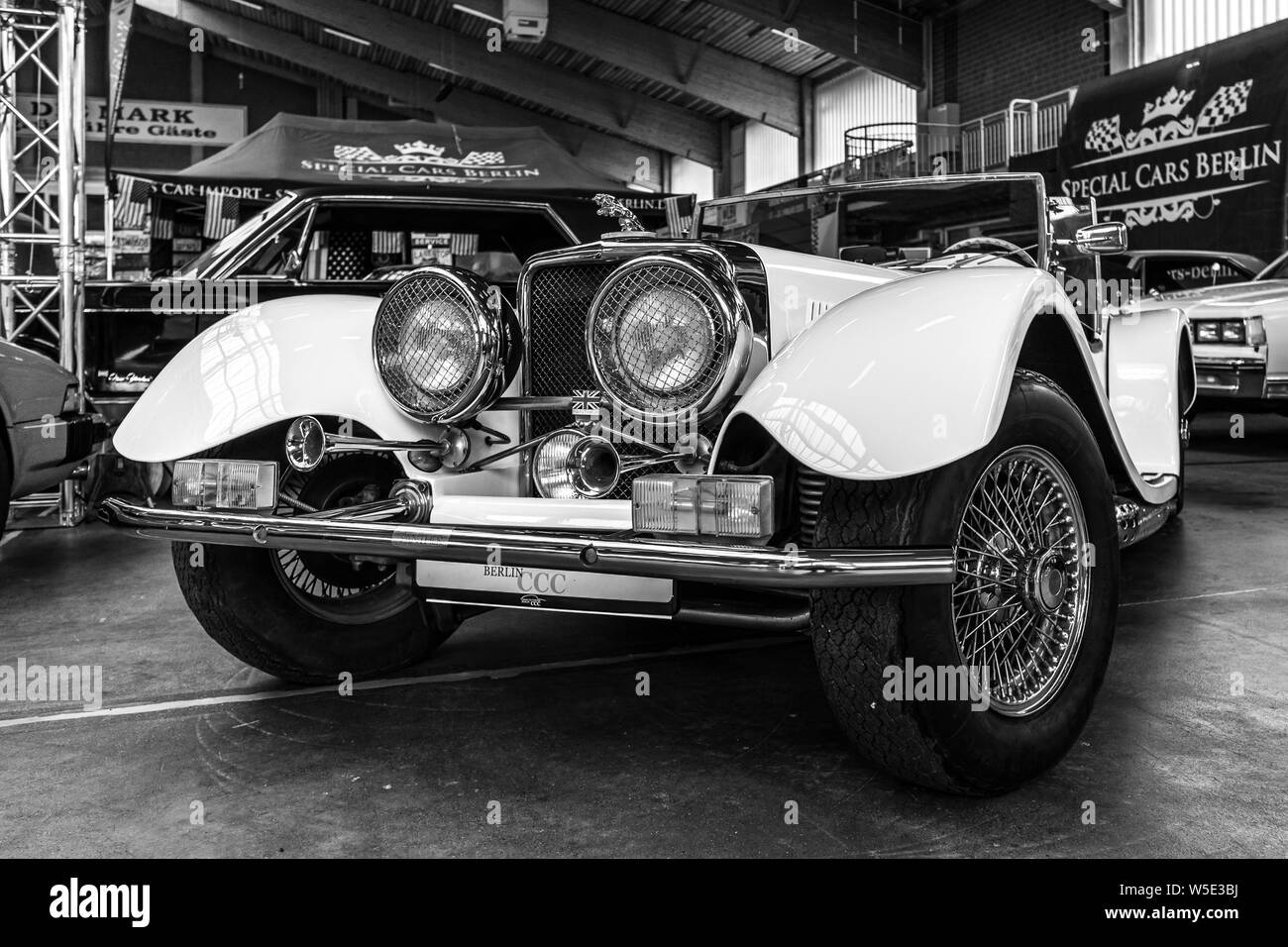 PAAREN IM GLIEN, GERMANY - JUNE 08, 2019: An ultra-exclusive luxury 2-door roadster Panther Westwinds J72. Black and white. Die Oldtimer Show 2019. Stock Photo