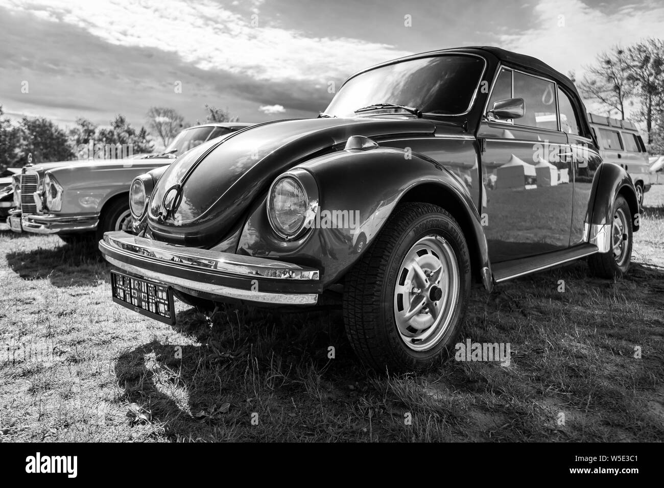 PAAREN IM GLIEN, GERMANY - JUNE 08, 2019: Economy car Volkswagen Beetle. Black and white. Die Oldtimer Show 2019. Stock Photo