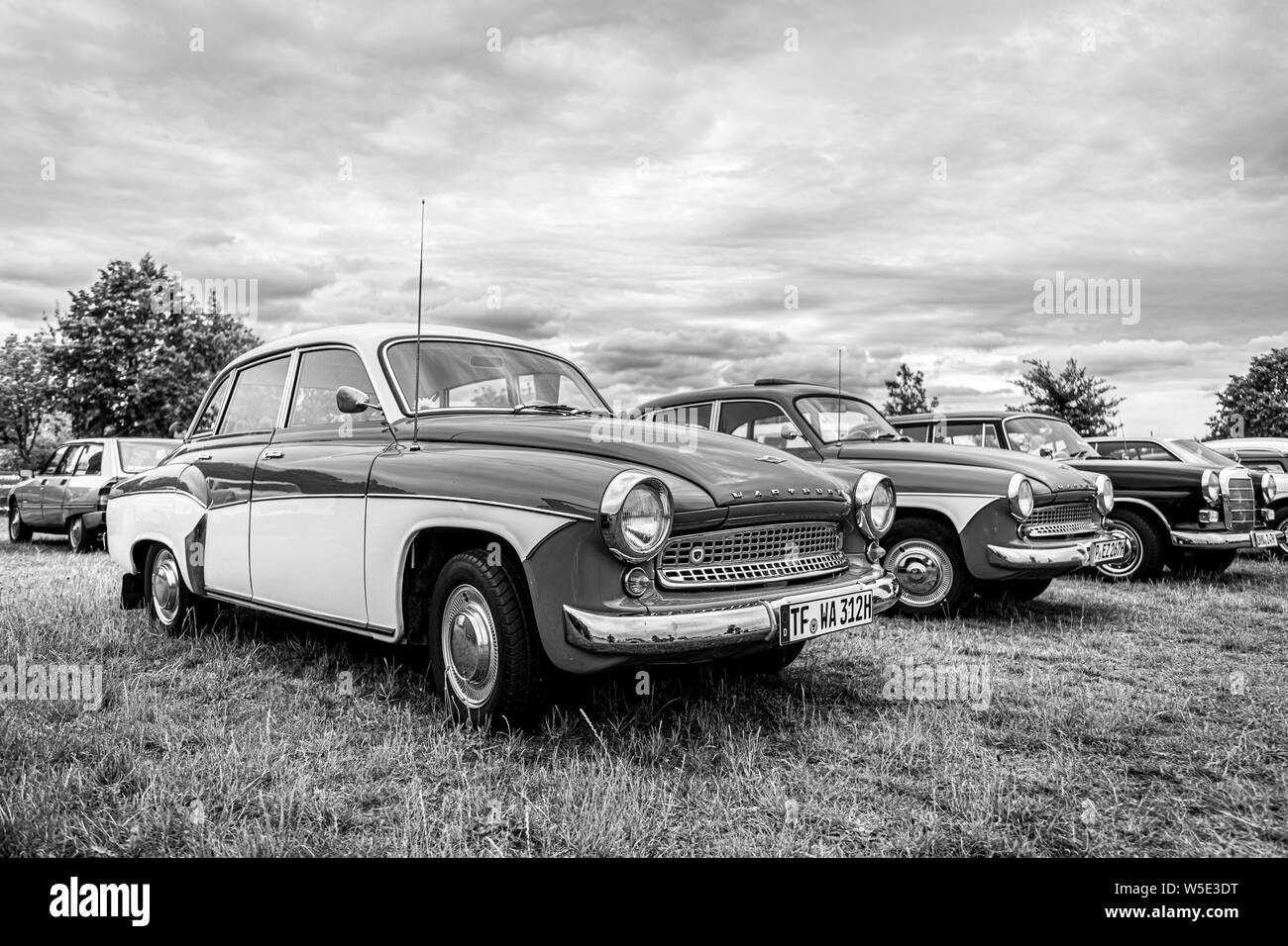 PAAREN IM GLIEN, GERMANY - JUNE 08, 2019: Compact car Wartburg 311, (1955–1965). Black and white. Die Oldtimer Show 2019. Stock Photo