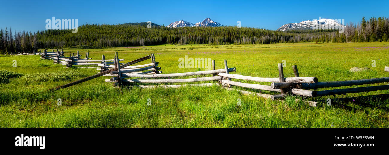 Border fence along the edge of a meadow with green grass and mountains ...
