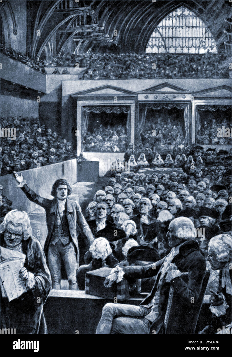 A 1920  illustration showing the political trial held  in Westminster Hall (Edmund Burke v Warren Hastings) - The impeachment trial of Hastings failed and was held sporadically between 1788 1795  Hastings  the 1st Governor General of Bengal was accused of misconduct, mismanagement and   corruption.  The length of time involved gave it the name of the  longest, political trial in Britain. Stock Photo