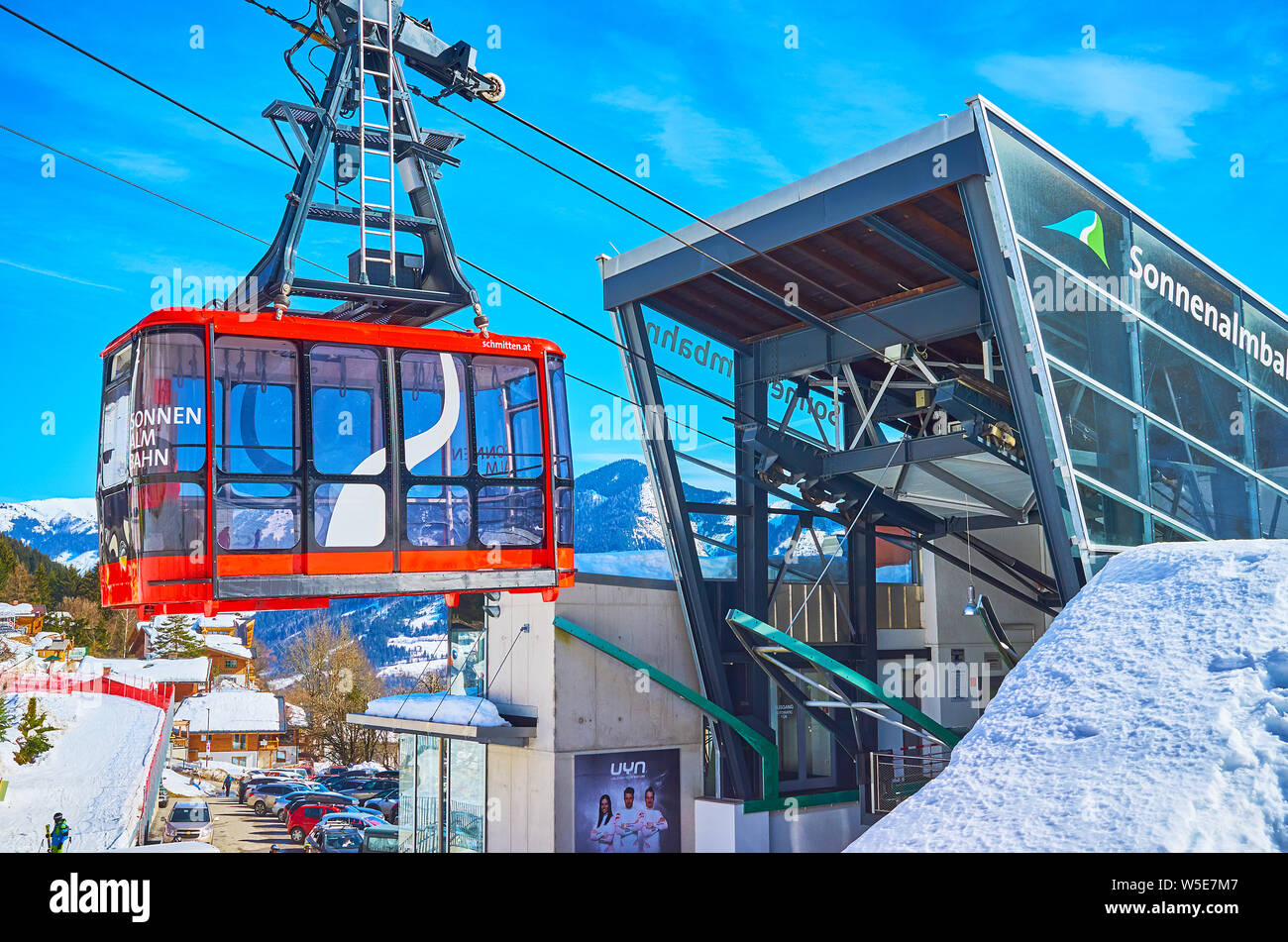 ZELL AM SEE, AUSTRIA FEBRUARY 28, 2019 The bright red cabin of