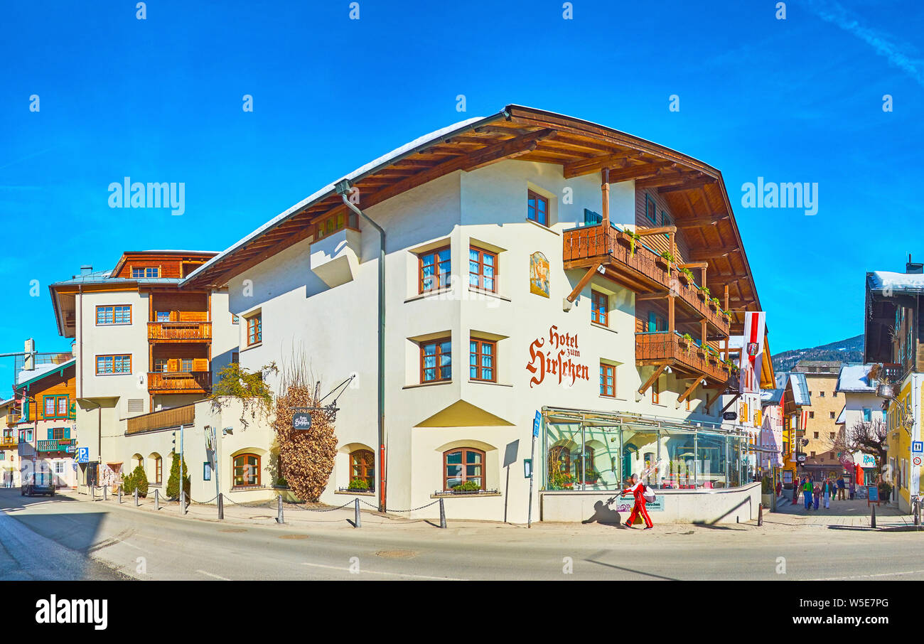 ZELL AM SEE, AUSTRIA - FEBRUARY 28, 2019: Explore old town with preserved medieval mansions, housing hotels, stores, restaurants and art galleries, on Stock Photo