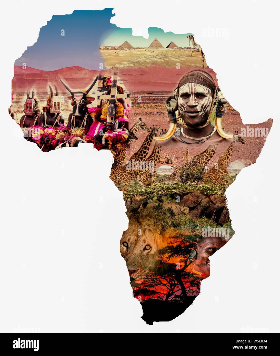 Digitally enhanced image of an Africa Map collage with local images of people, wildlife and scenery Stock Photo