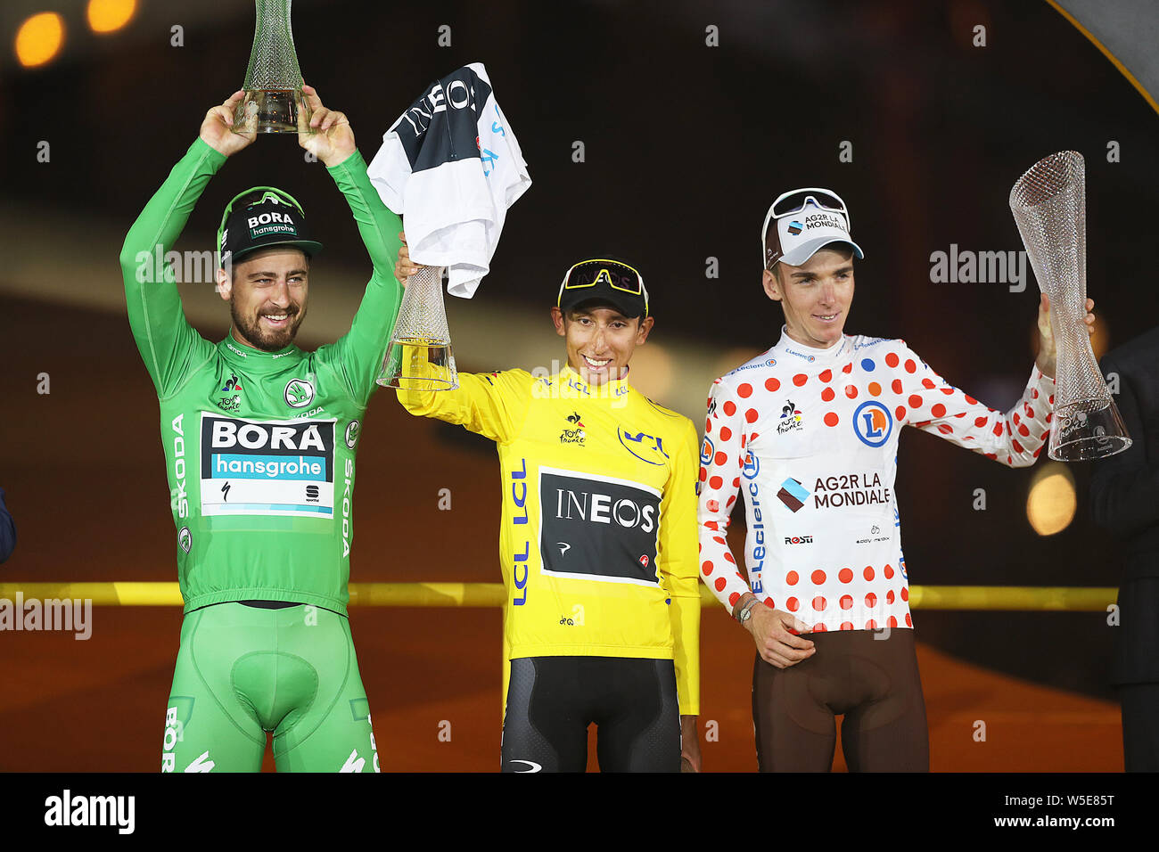 Pari, France. 28th July, 2019. Paris - 27-07-2019, cycling, Stage 21,  etappe 21, Rambouillet - Paris, champs-elysees, Winner of the yellow jersey  Egan Bernal, the green jersey Peter Sagan and the polka