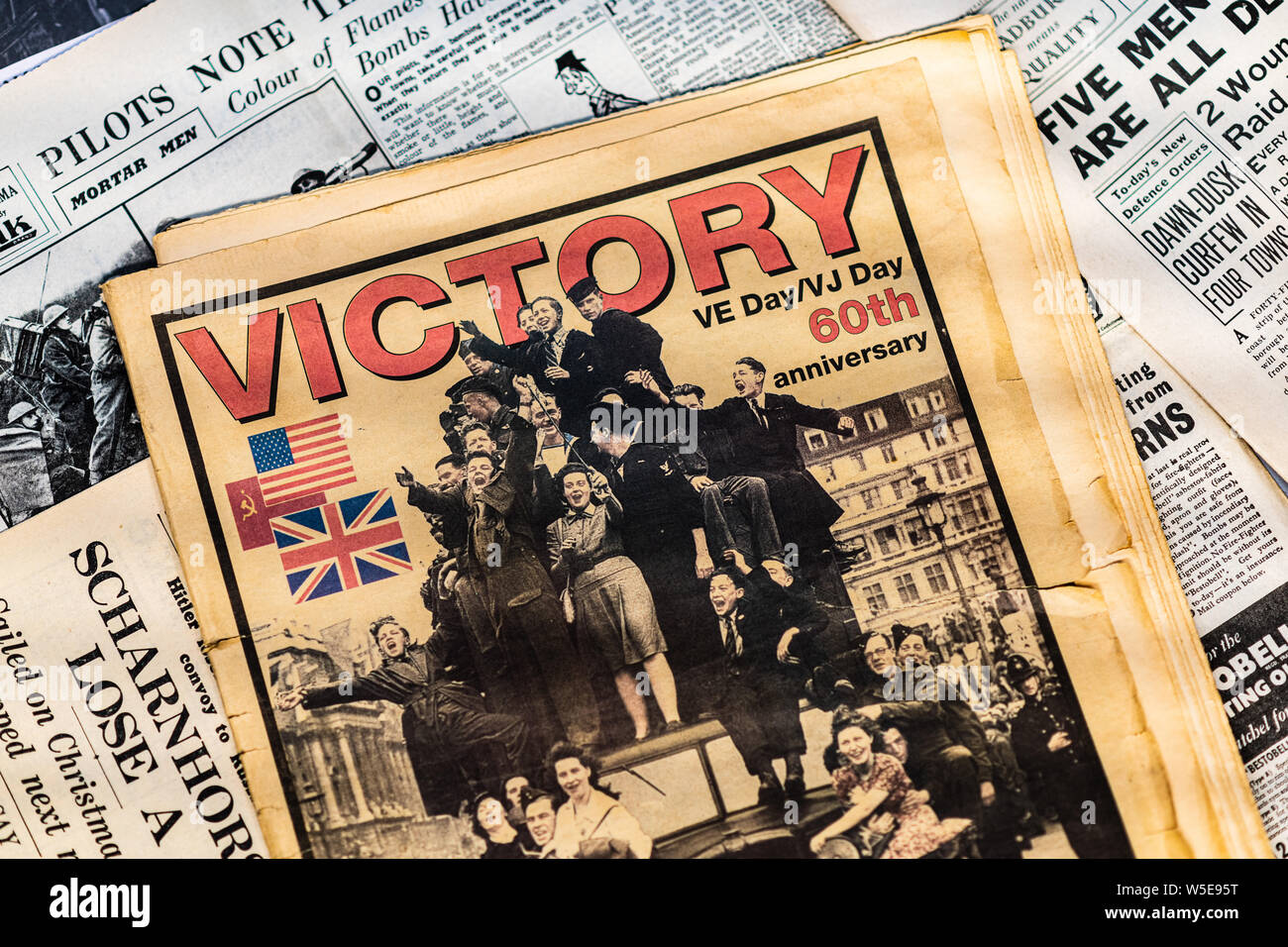 DONCASTER, UK - 28TH JULY 2019: Newspapers from World War Two with headlines of Victory in Europe (VE Day) Stock Photo