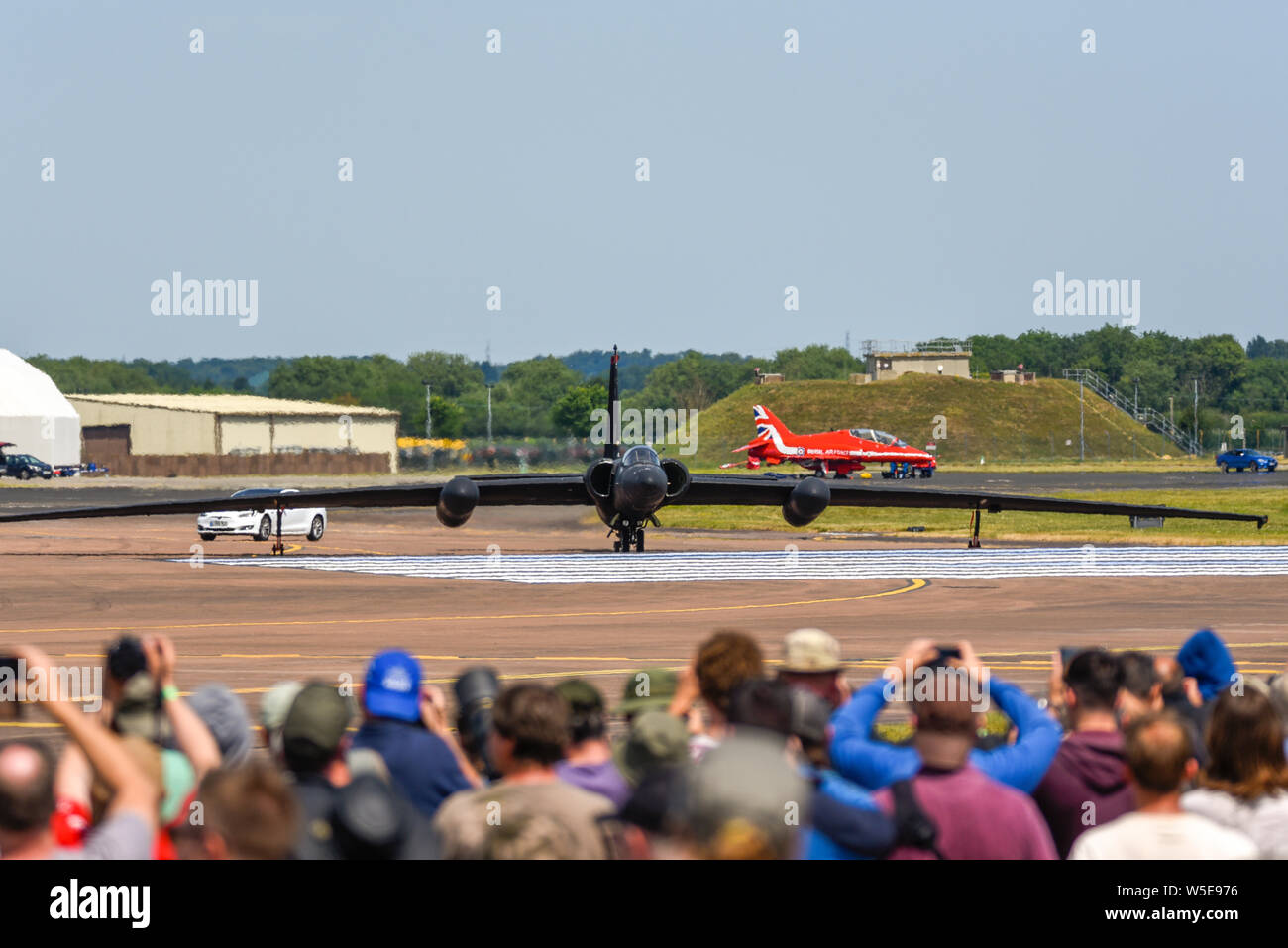 Lockheed U-2 Dragon Lady spyplane about to take off from RAF Fairford during Royal International Air Tattoo, RIAT, with crowds people watching Stock Photo