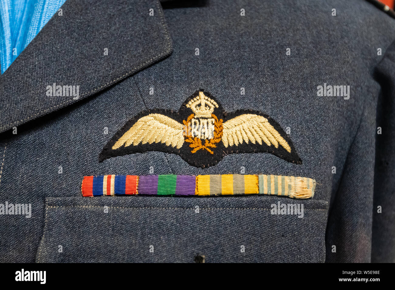 DONCASTER, UK - 28TH JULY 2019: The RAF Queens Crown emblem on a World War 2 pilots uniform Stock Photo