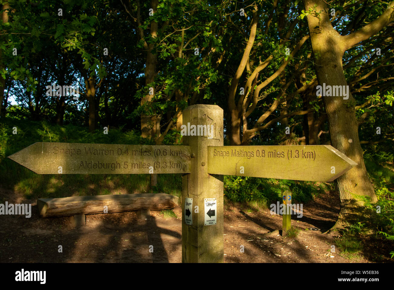 Signpost for Snape Maltings, Snape Warren annd Aldeburgh Stock Photo