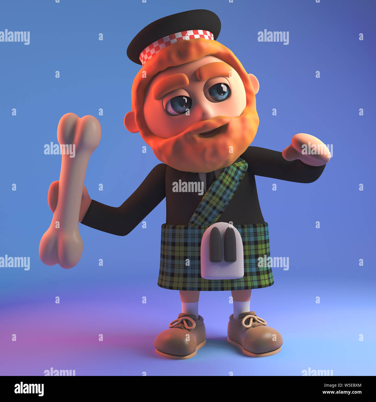 Fun Scottish man throwing a bone for an invisible dog, 3d illustration
