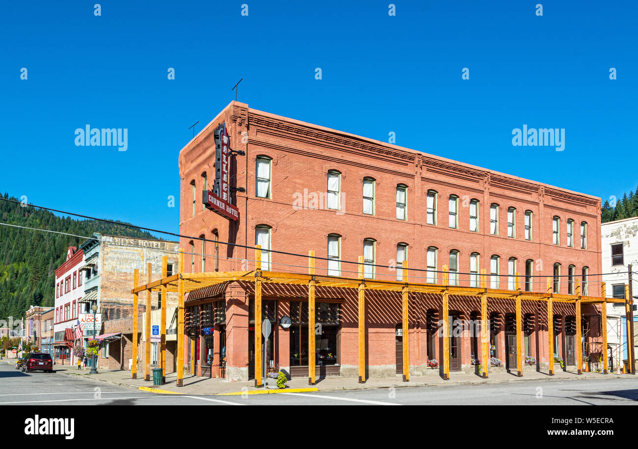 Idaho, Wallace, historic mining town, founded 1884, Wallace Corner Hotel Stock Photo Alamy