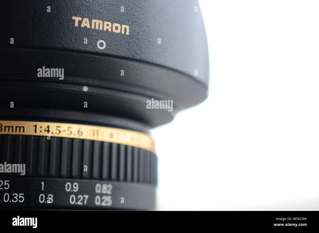 KHARKIV, UKRAINE - JAN 9, 2018: Tamron AF 11-18mm 1:4.5-5.6 zoom photographic lens close up. Tamron is Japanese company manufacturing photographic len Stock Photo