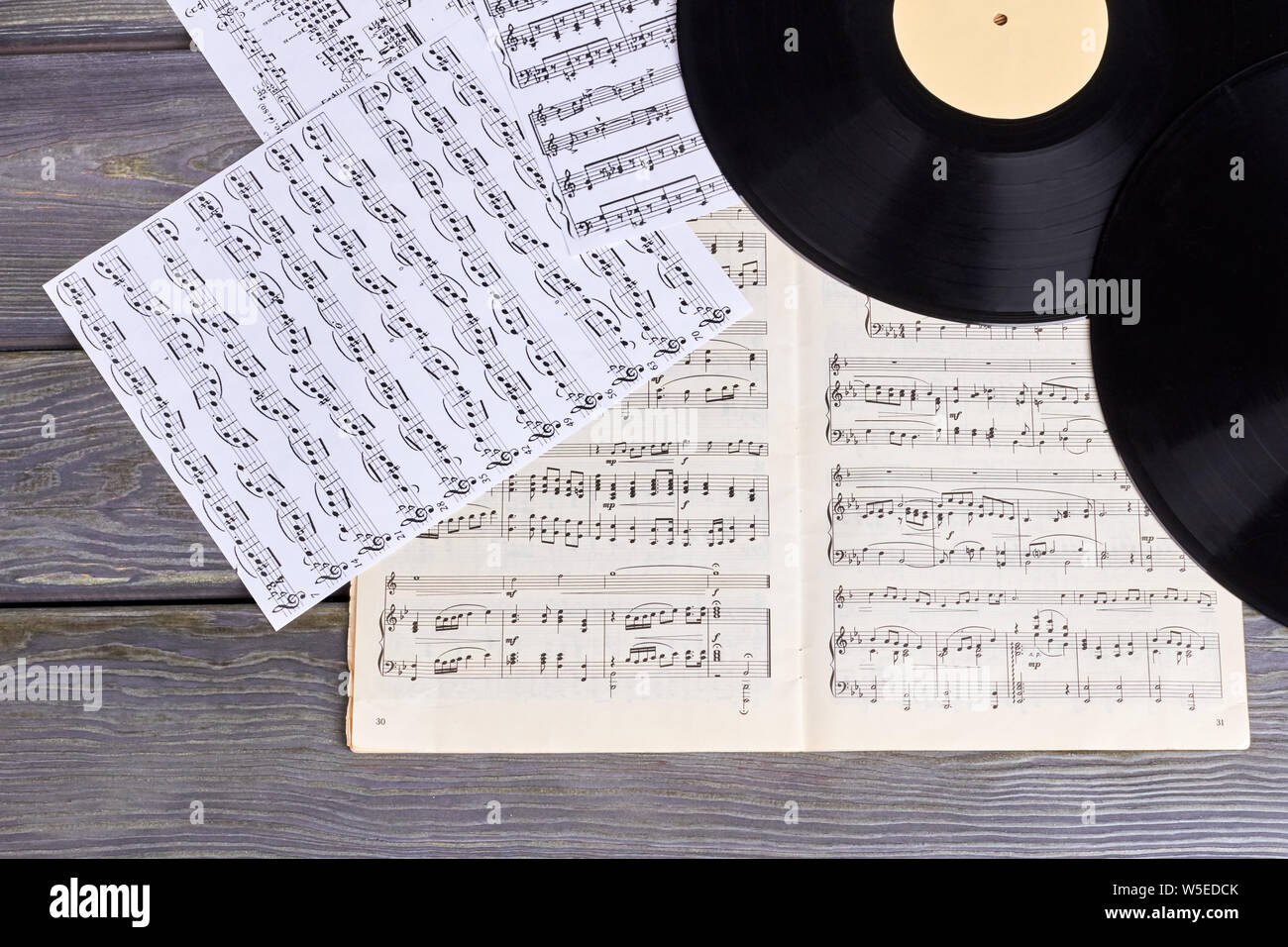 vinyl-records-with-music-sheet-scores-stock-photo-alamy