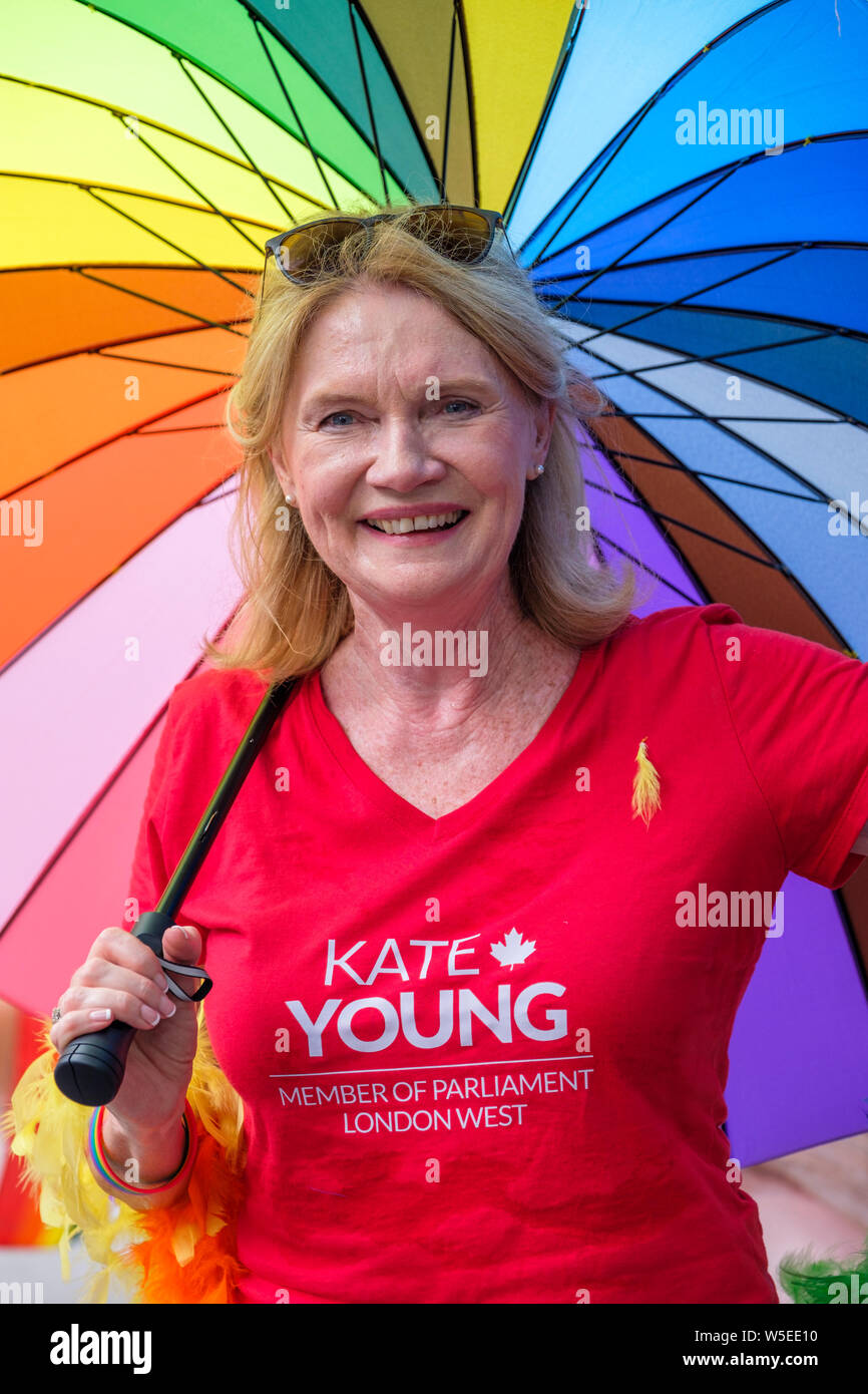 Kate Young, Member of Parliament London West, Liberal Party of Canada, showing her support for the LGBT community at the London Pride Parade 2019. Stock Photo