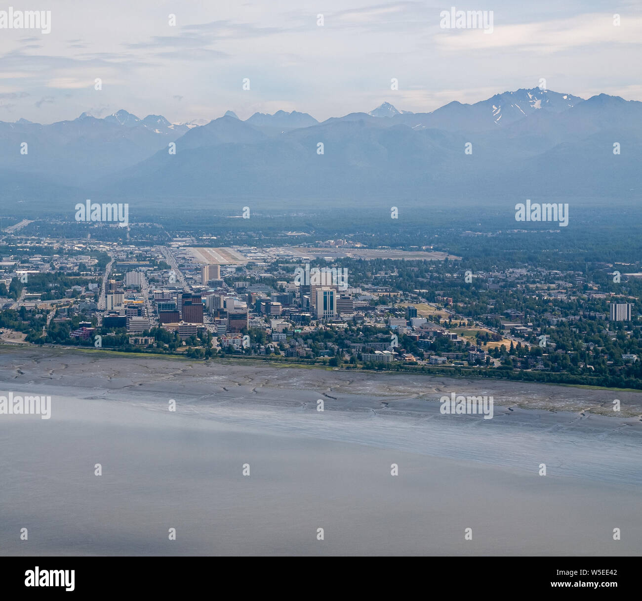 Anchorage, Alaska, from the air. Piper Super Cub. Downtown Anchorage. Cook Inlet. Knik Arm. Chugach Mountains Stock Photo