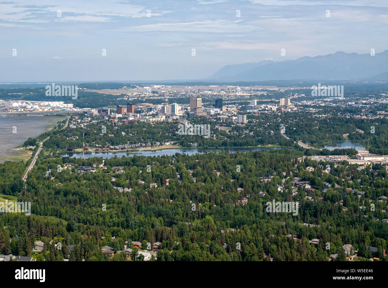 Anchorage, Alaska, from the air. Piper Super Cub. Downtown Anchorage. Cook Inlet. Knik Arm. Chugach Mountains Stock Photo