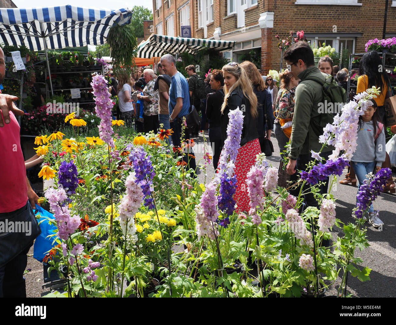 View looking along the popular Columbia Road Flower Market in Bethnal Green in London Stock Photo