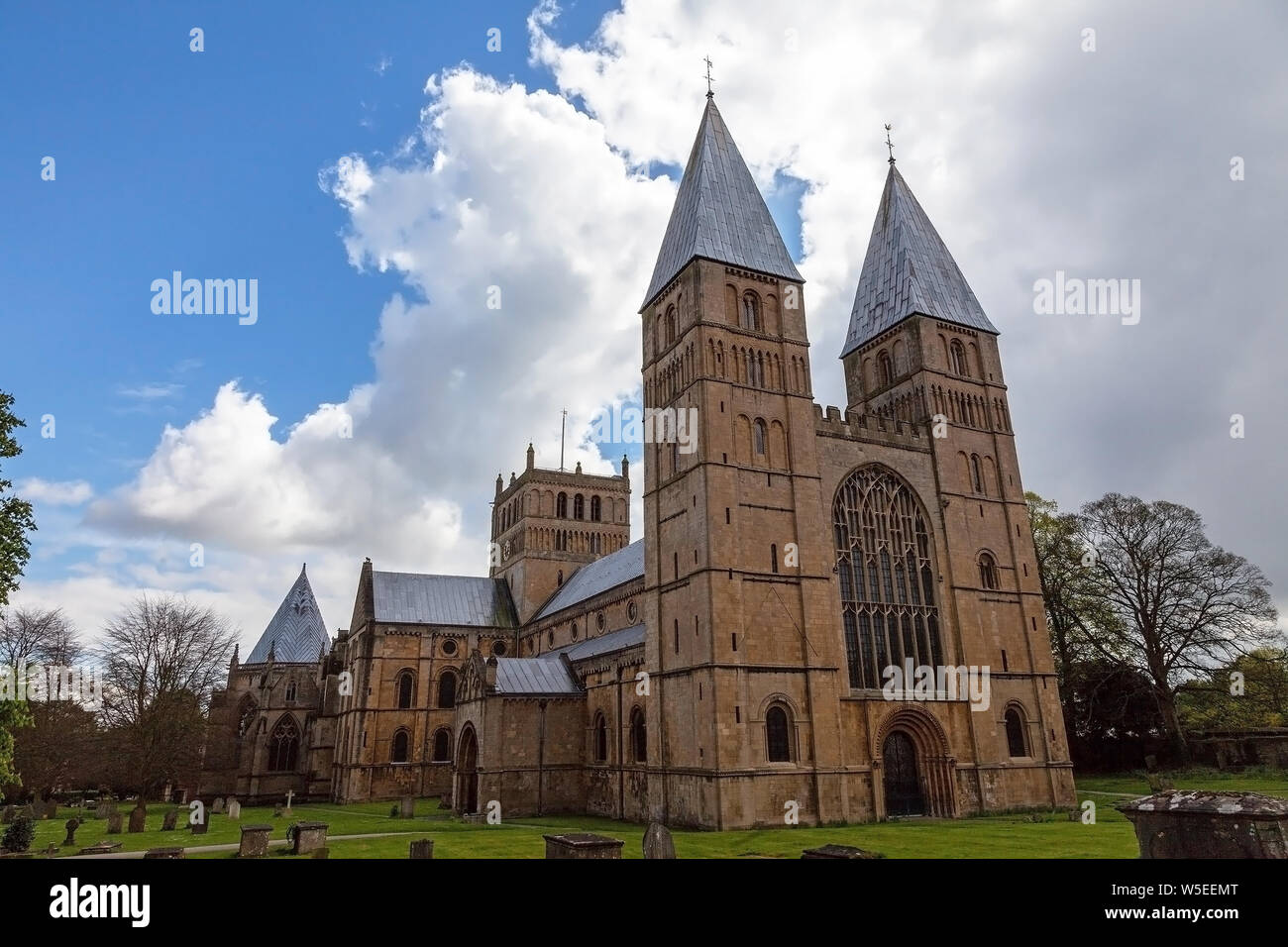 The west front, with the towers known locally as Pepperpots at the Cathedral Church of Southwell Minster, Southwell, Nottinghamshire, England, UK Stock Photo