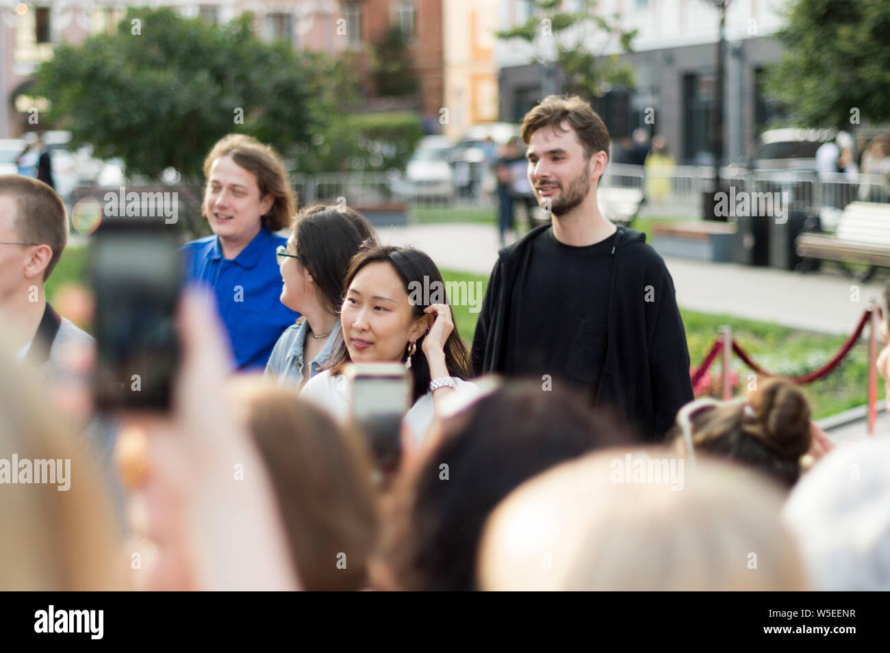 Nizhny Novgorod, Russia July 25, 2019:  Young directors,filmmakers.Closing ceremony of the film festival Gorky Fest, red carpet. Russia Stock Photo