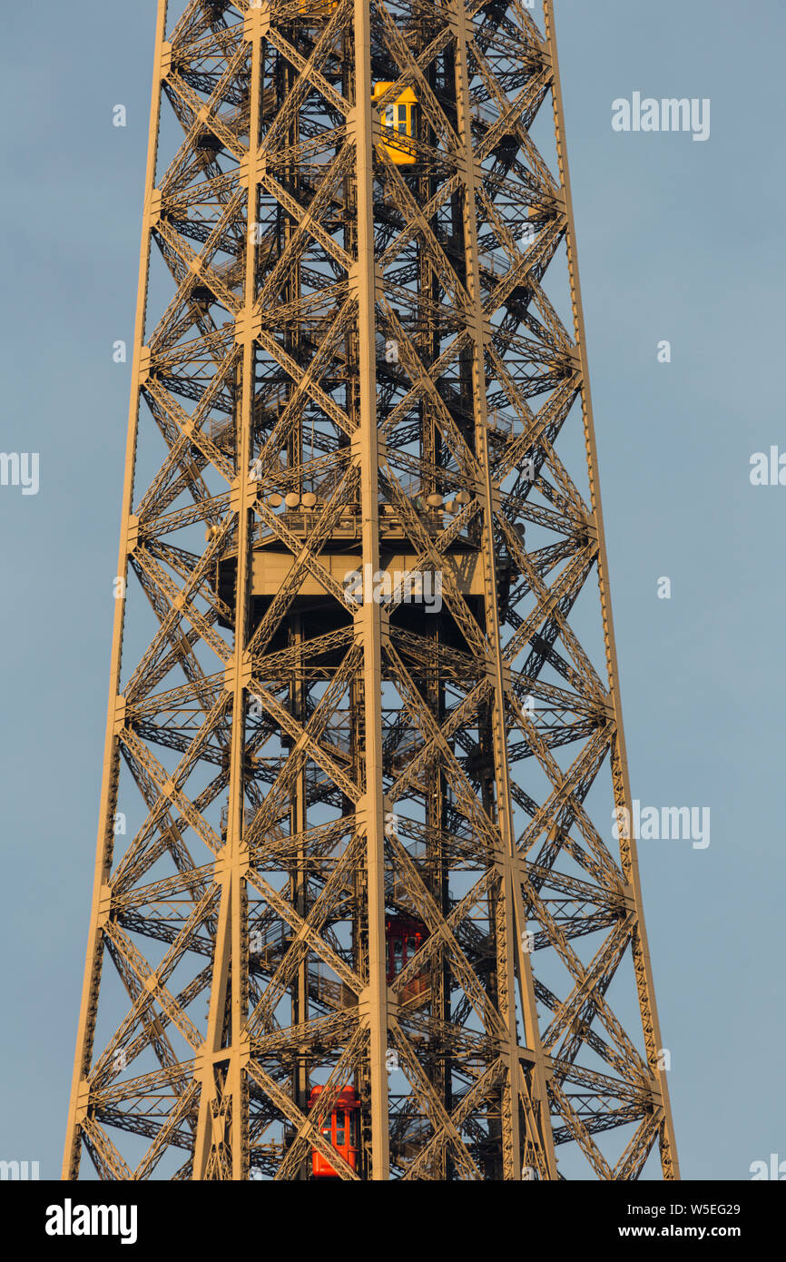 Close-up of section of Eiffel Tower with elevator Stock Photo