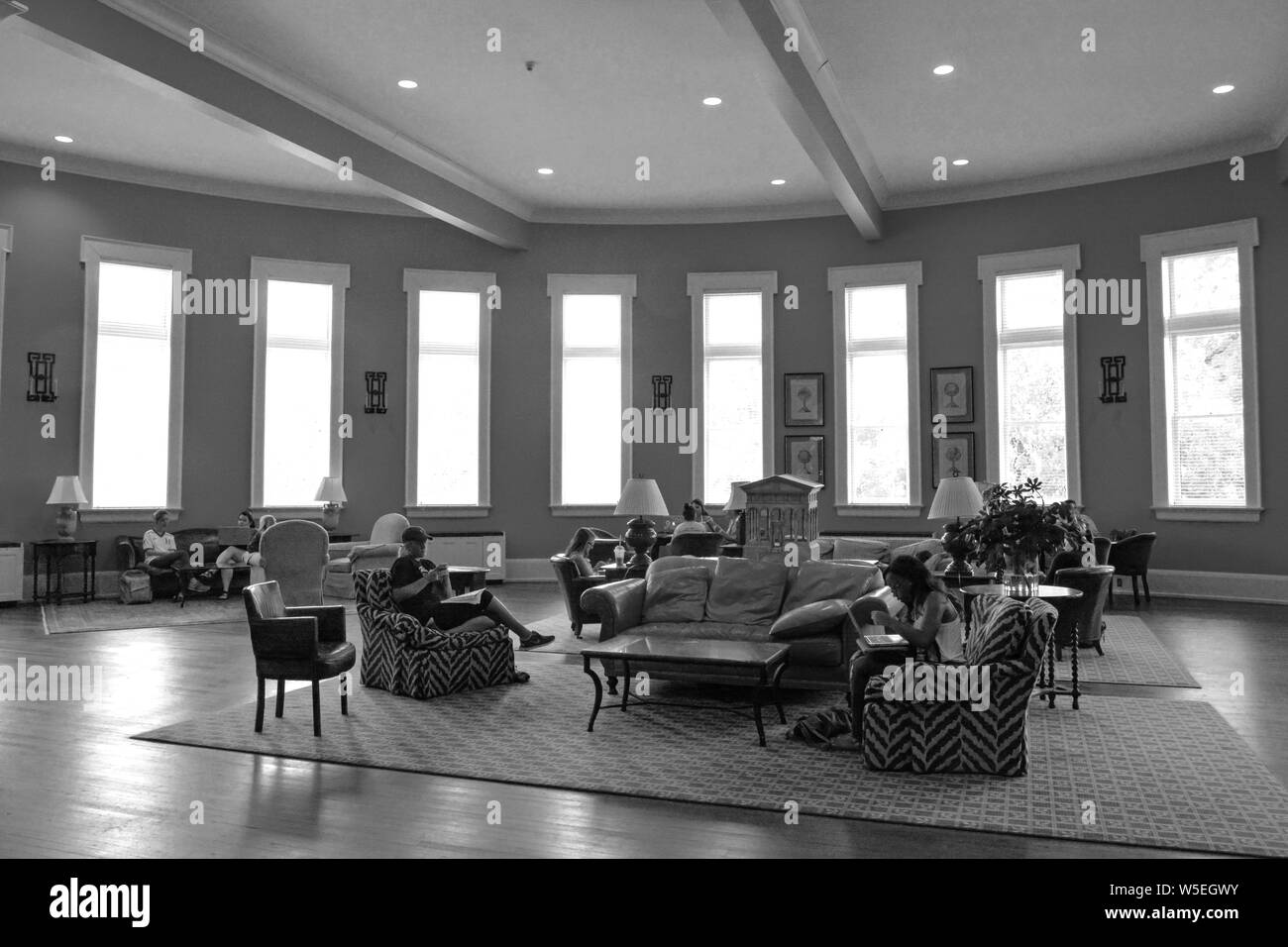 Students relax, study and visit inside the Bryant Hall Lounge on Ole Miss campus, University of Mississippi, Oxford Stock Photo