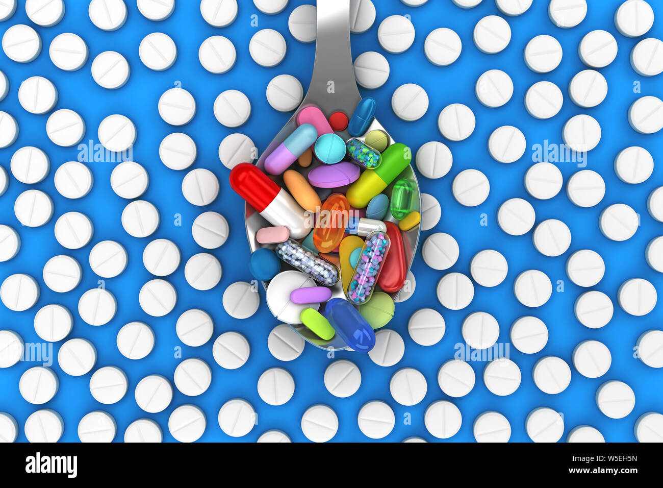 Dose of colorful pills in spoon - 3d render Stock Photo