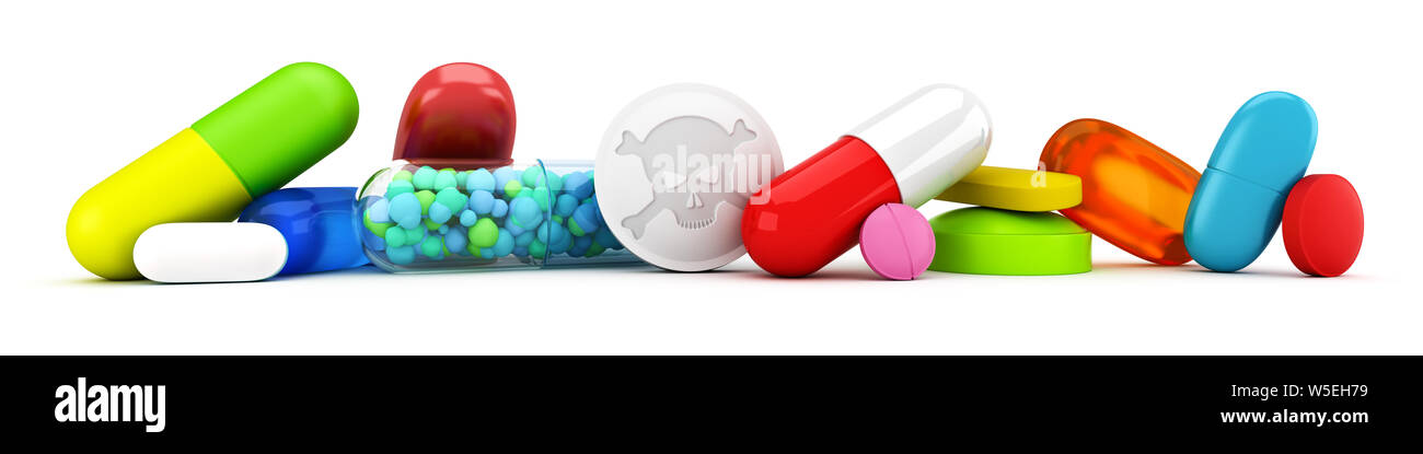 Collection of colorful pills with skull and crossbones - 3d render Stock Photo