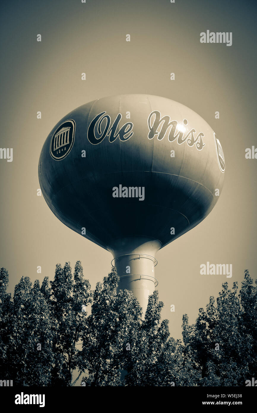Close up of the vintage, bulbous Water Tank inscribed with the Ole Miss Lettering and Logo on the campus at the University of Mississippi, Oxford Stock Photo