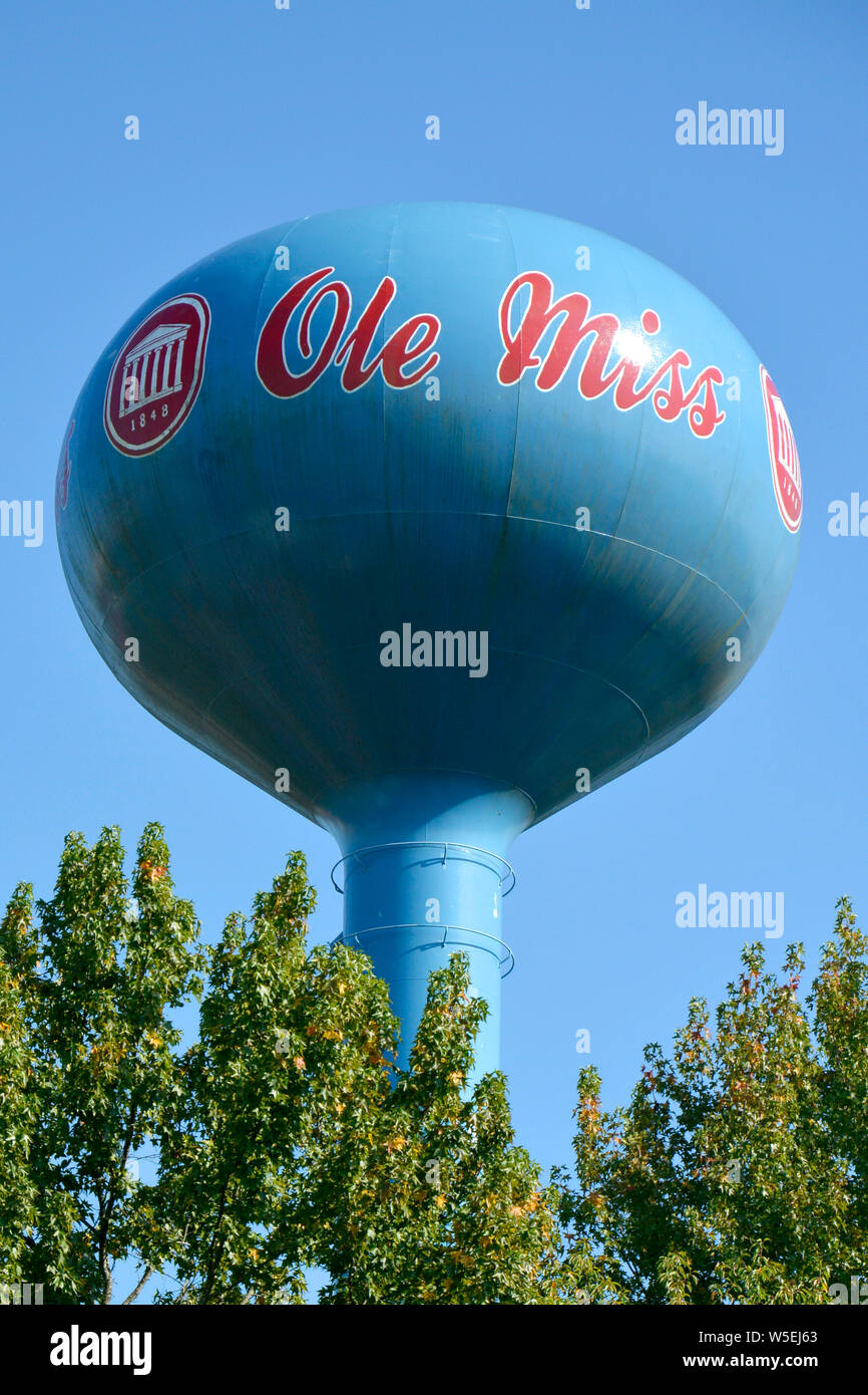 Close up of the blue, vintage, bulbous Water Tank inscribed in red with the Ole Miss Lettering and Logo on the campus at the University of Mississippi Stock Photo