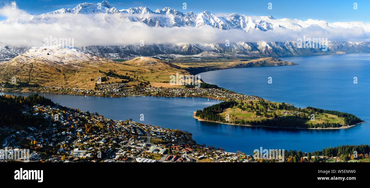 Queenstown New Zealand Panorama with view of Lake Wakatipu Stock Photo