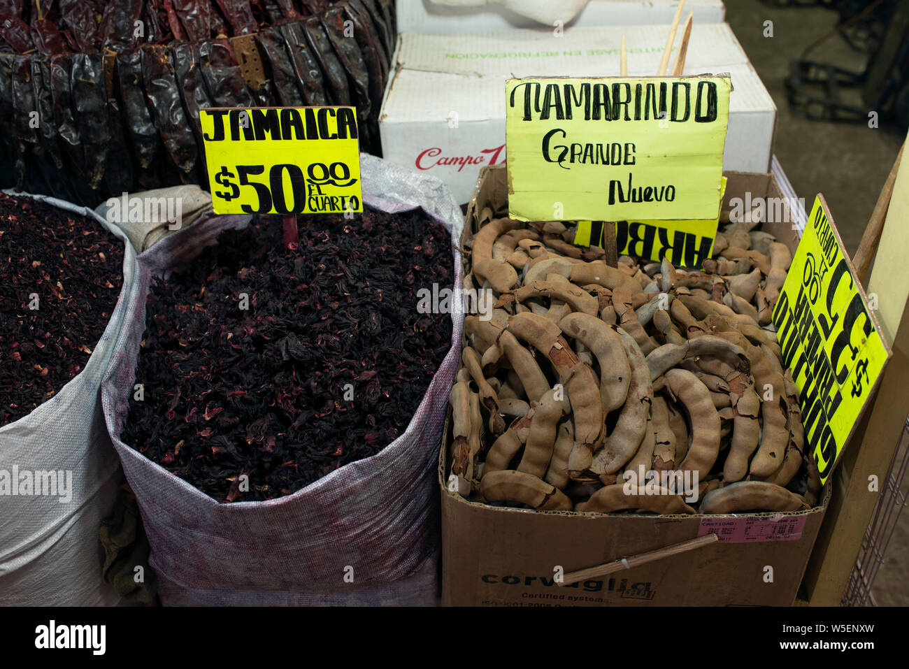 Close-up of natural products, such as Jamaica or Tamarindo for sale in La Merced (Mercado De La Merced) in Mexico City, CDMX, Mexico. Jun 2019 Stock Photo