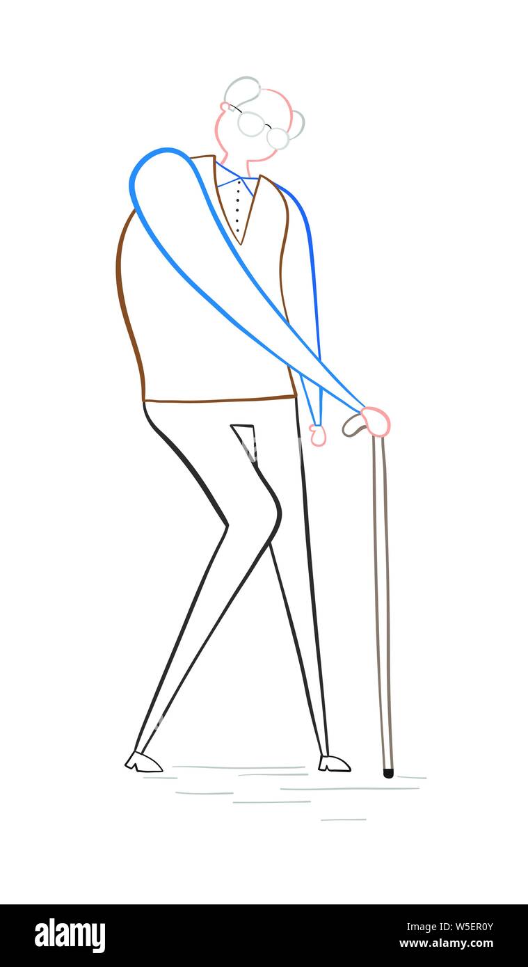 Old man walking with his walking stick, hand-drawn vector illustration ...